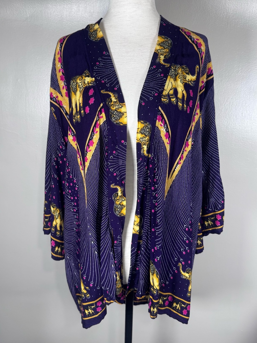 The Elephant Pants Purple Elephant Aztec Tribal Boho Print Kimono Cardigan S/M